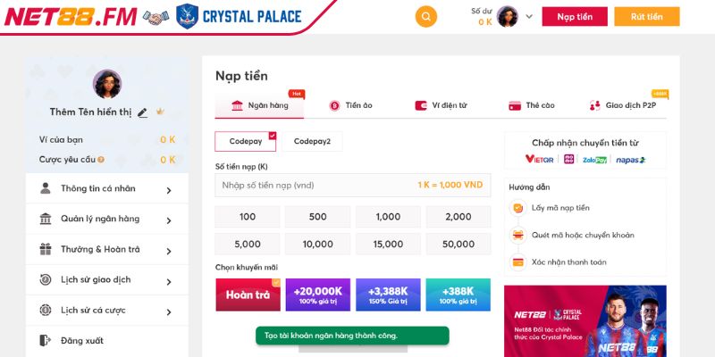 Nạp và rút tiền Net88 2 Xác nhận giao dịch nạp rút